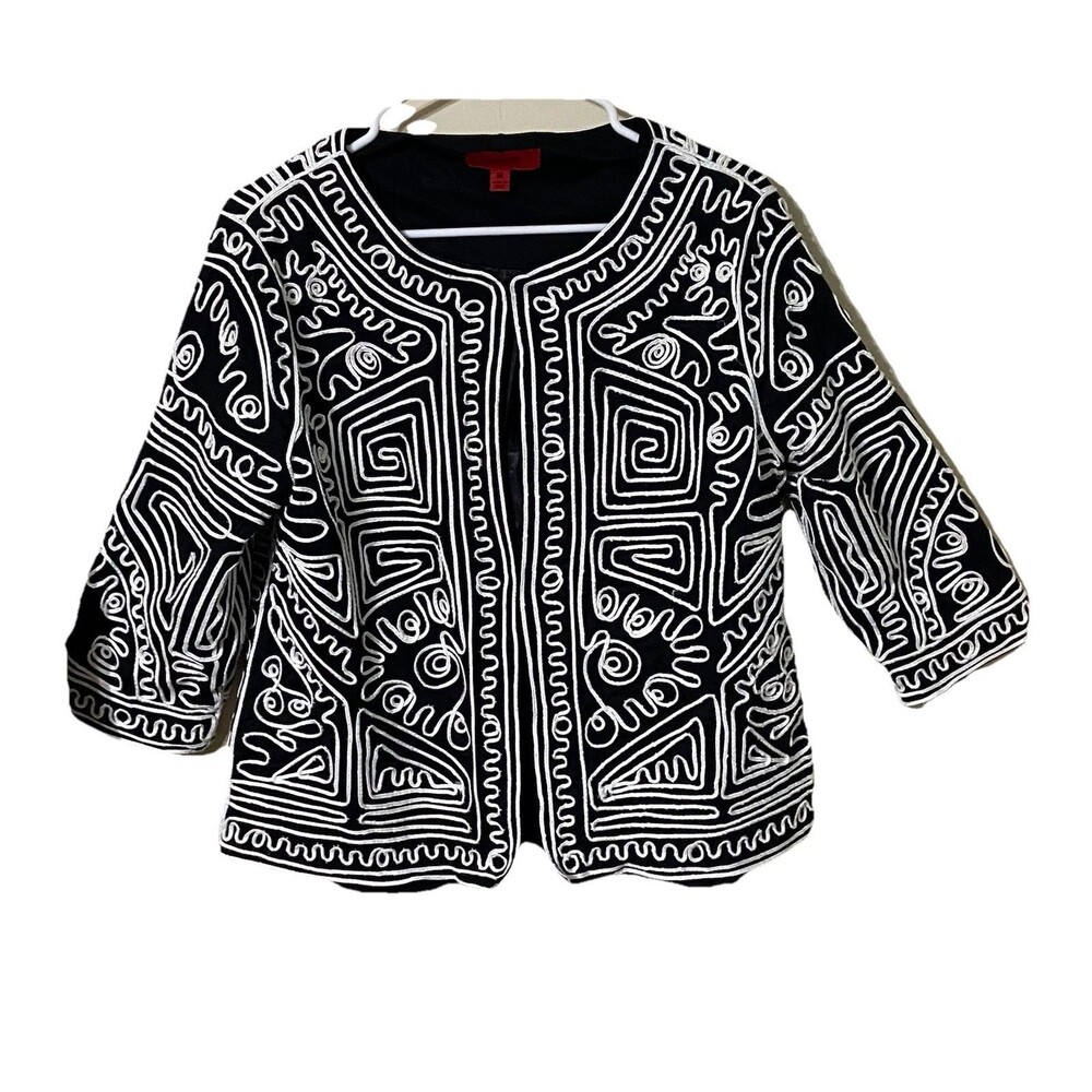 Joni B Cardigan Jacket Black White Statement Bold Abstract 3/4 Sleeve Size M